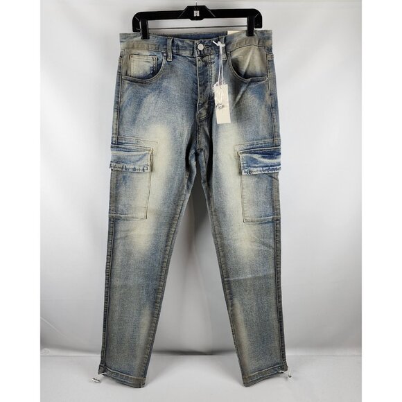 mnml Mens Denim Cargo Pants 30x32 Dusty Blue Button Fly Cinch Ankle NWT - Picture 1 of 14